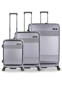 NATIONAL GEOGRAPHIC National Geographic Lodge Travel Suitcase Set, 100% PC Durable Lightweight Hard Shell Expandable Luggage, 4 Double Wheel, TSA Lock 3pcs Trolley Bag Silver (20+24+28 Inch).  - Image 1