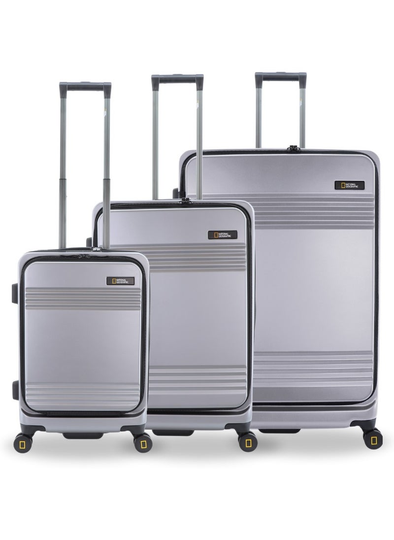 NATIONAL GEOGRAPHIC National Geographic Lodge Travel Suitcase Set, 100% PC Durable Lightweight Hard Shell Expandable Luggage, 4 Double Wheel, TSA Lock 3pcs Trolley Bag Silver (20+24+28 Inch).  - Image 1