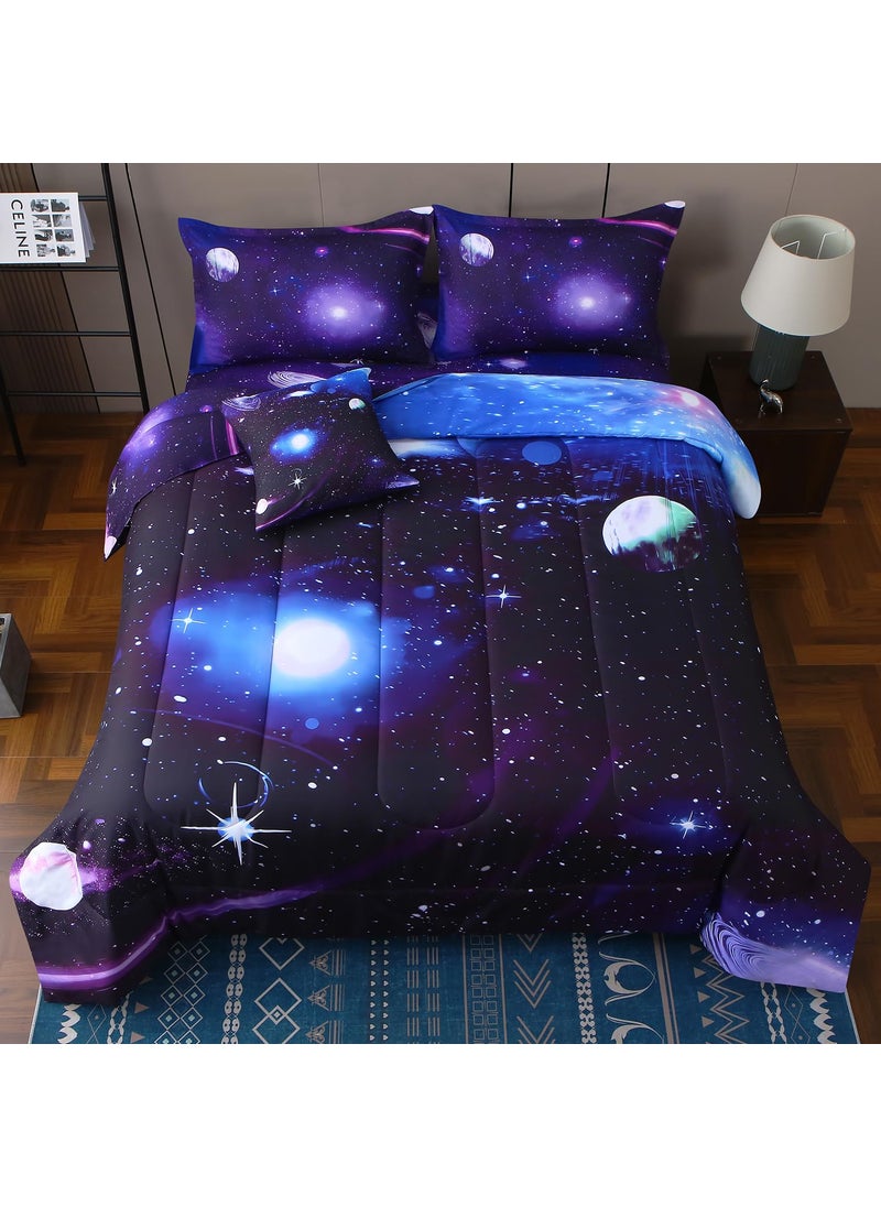 JQinHome JQinHome Full Galaxy Comforter Sets 6 Piece Bed in A Bag  Outer Space Themed Bedding for Children Boy Girl Teen Kids 1 Comforter  1 Flat Sheet  1 Fitted Sheet  2 Pillowshams  1 Cushion Cover(Purple)  - Image 2