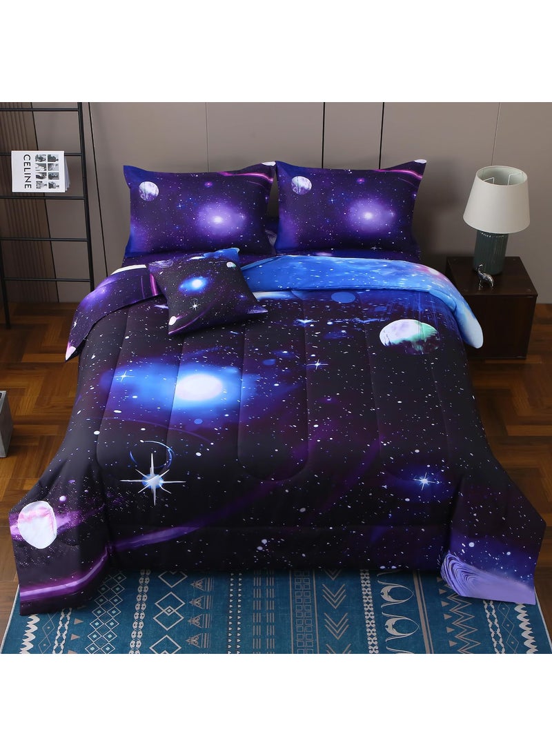 JQinHome JQinHome Full Galaxy Comforter Sets 6 Piece Bed in A Bag  Outer Space Themed Bedding for Children Boy Girl Teen Kids 1 Comforter  1 Flat Sheet  1 Fitted Sheet  2 Pillowshams  1 Cushion Cover(Purple)  - Image 1