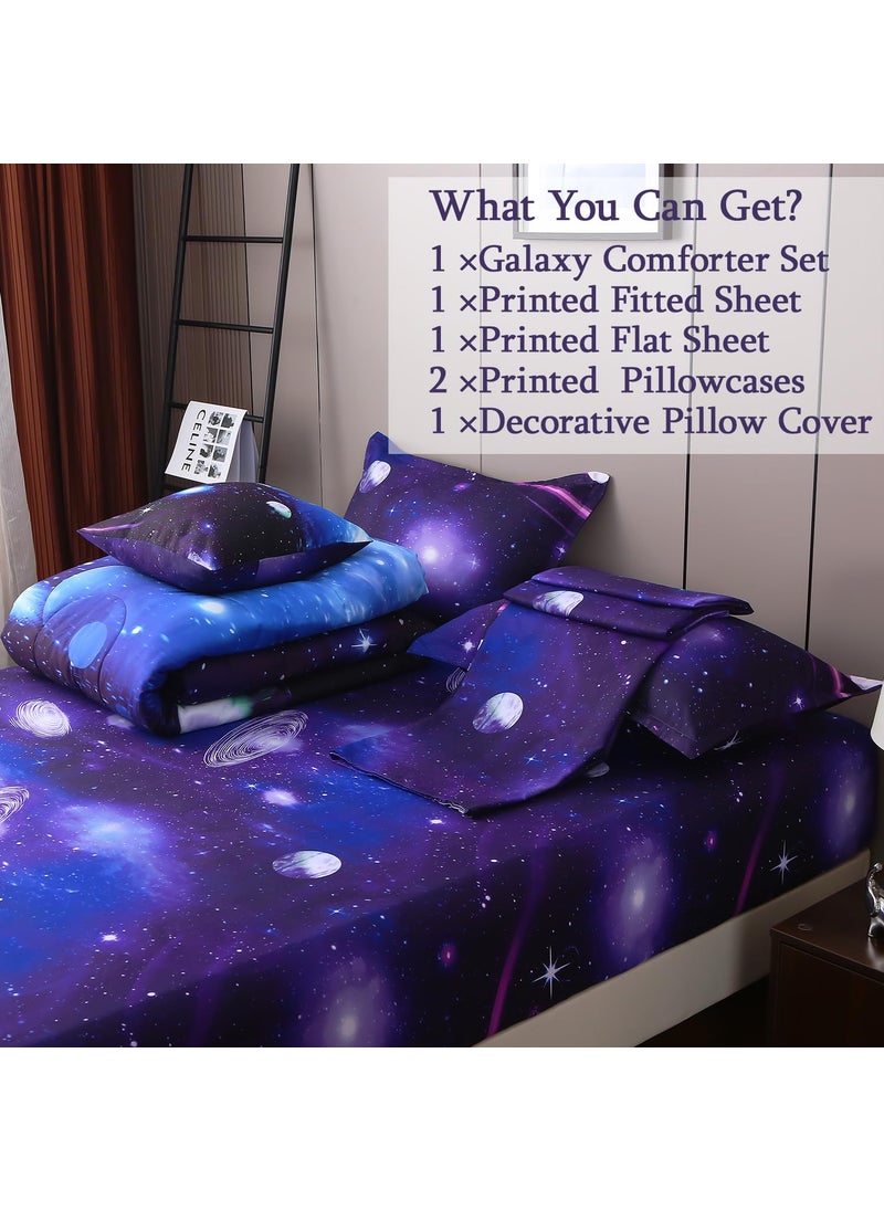JQinHome JQinHome Full Galaxy Comforter Sets 6 Piece Bed in A Bag  Outer Space Themed Bedding for Children Boy Girl Teen Kids 1 Comforter  1 Flat Sheet  1 Fitted Sheet  2 Pillowshams  1 Cushion Cover(Purple)  - Image 5