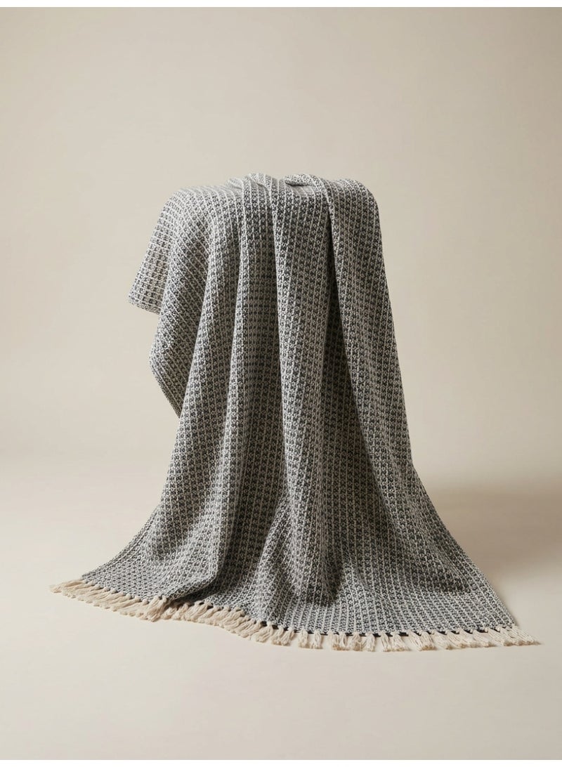 Ambrosia 130 x 160 cm Cotton Honeycomb Throw Blanket in Navy Blue, a luxurious 400GSM woven decorative cover with tassel fringe for couch, bed, sofa, and bohemian home decor - Image 4