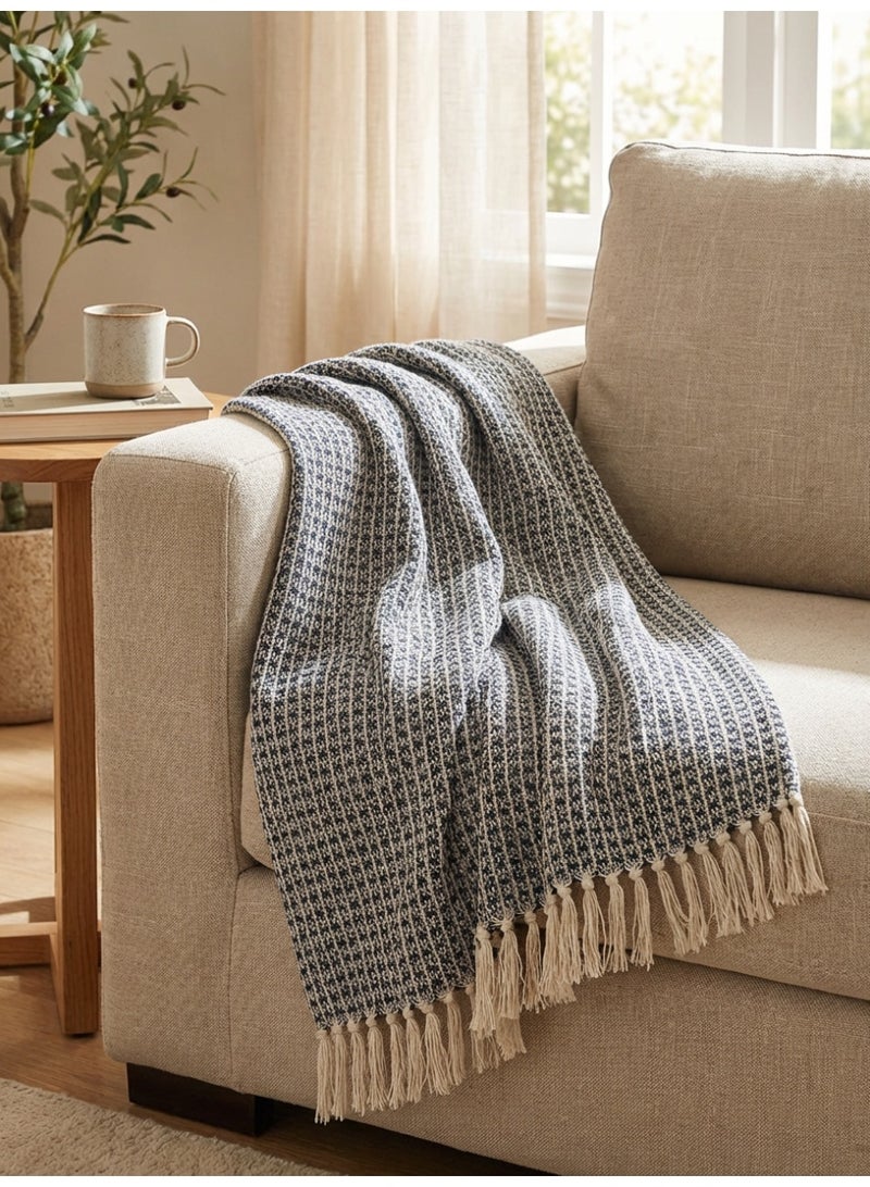 Ambrosia 130 x 160 cm Cotton Honeycomb Throw Blanket in Navy Blue, a luxurious 400GSM woven decorative cover with tassel fringe for couch, bed, sofa, and bohemian home decor - Image 5