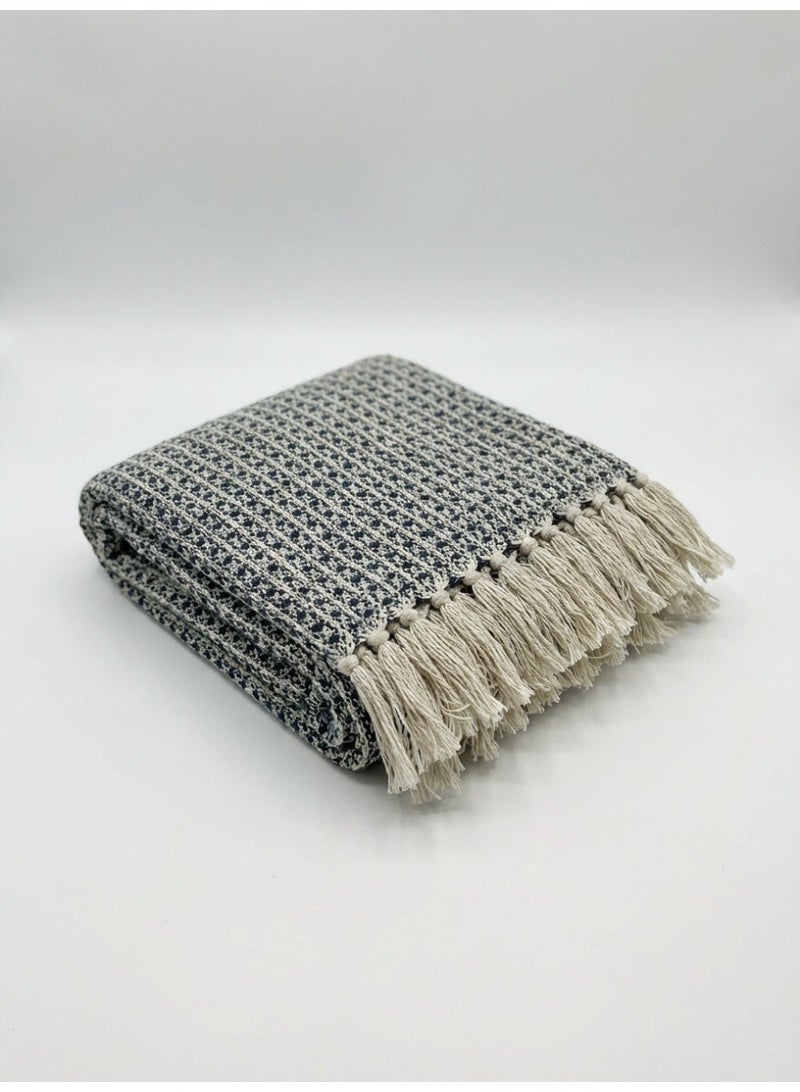 Ambrosia 130 x 160 cm Cotton Honeycomb Throw Blanket in Navy Blue, a luxurious 400GSM woven decorative cover with tassel fringe for couch, bed, sofa, and bohemian home decor - Image 1