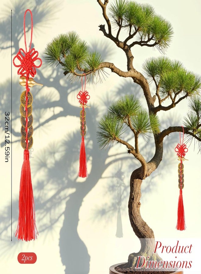 Qulkws 2PCS Chinese Knot Tassel, Feng Shui Good Luck Charms, Metal Gourd with 5 Coins Good Luck Gifts, Bring Wealth, Health and Peaceful for Cars, Furniture, Bags, Homes, and Offices - Image 2