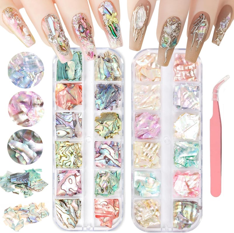 3D Nail Art Shell Chips Colorful Irregular Abalone Shell Chips for DIY Nail Art 2 Boxes with Tweezers