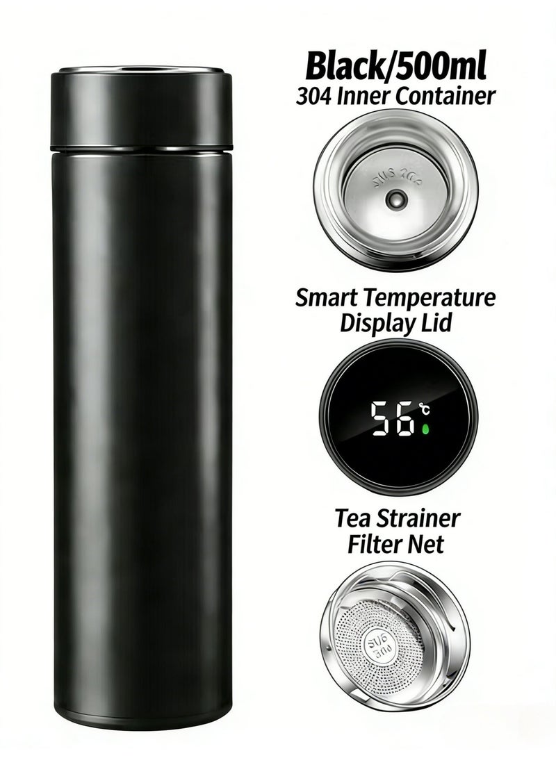Smart Vacuum Insulated Water Bottle 500ml Temperature Display 304 Stainless Steel Double Wall Thermal Flask with Tea Strainer Coffee Mug Coffee Pot Tea Cup Tea Pot Portable for Travel Office Car Black White - Image 1