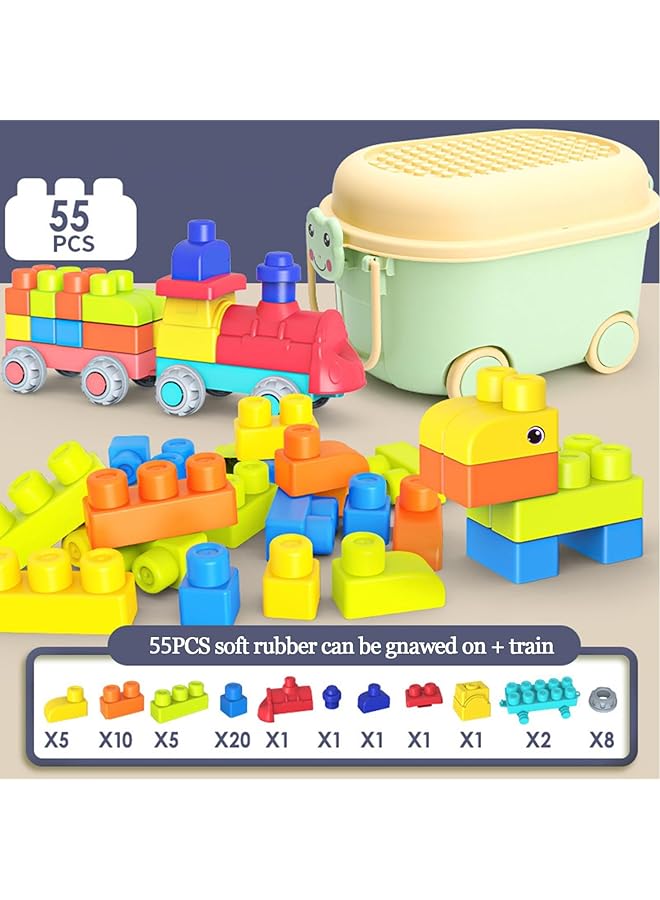 Top Stem Soft Building Block Set Soft Rubber Building Block Early Educational Toy Large Construction Puzzle Toys For Toddler Can Be Boiled And Bitten For Baby 1 3 Years Old (55Pcs + Train) - Image 3