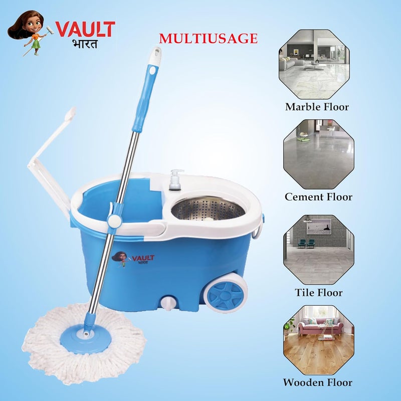 VAULT BHARAT Vault Bharat Premium Heavy Quality Mop Bucket for Floor Cleaning 360 Degree Spin Mop with Steel Wringer Easy Wheels 2 Refill and Bucket ModelV58V3 Color Blue Warranty 1 Year - Image 3