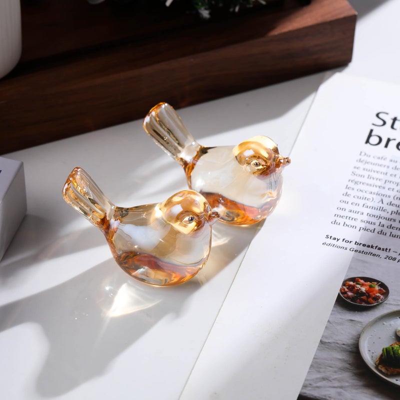 Qianwei 2PCS Crystal Bird Figurine Collectible - Handmade Blown Glass Birds Animals Figurines Crystal Office Desk Table Home Decor Paperweight (2pcs Champagne) - Image 3