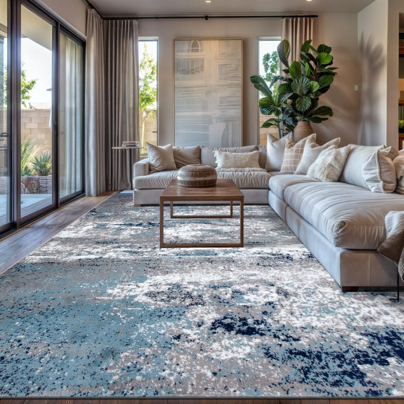 Rugshop Modern Distressed Blue Abstract Area Rug Bohemian Inspired Watercolor for Living Room, Dining Room and Office 7'10" x 10' - Image 1