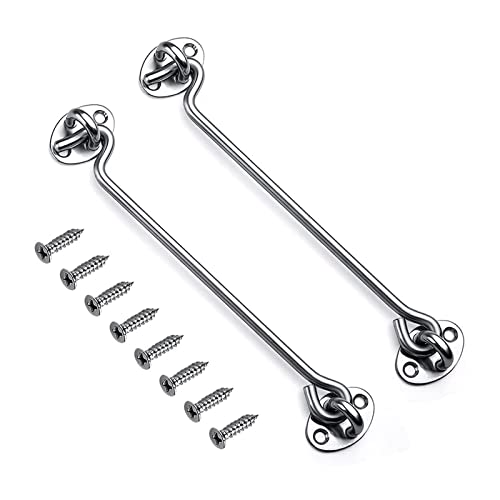 Mgoodoo 2 Pack 10 Inch Hook and Eye Latch, Heavy Duty Stainless Steel Barn Door Lock Gate Cabin Hook with 8 Mounting Screws for Sliding Door, Gate, Cabinet, Window, Shed (Silver) - Image 1