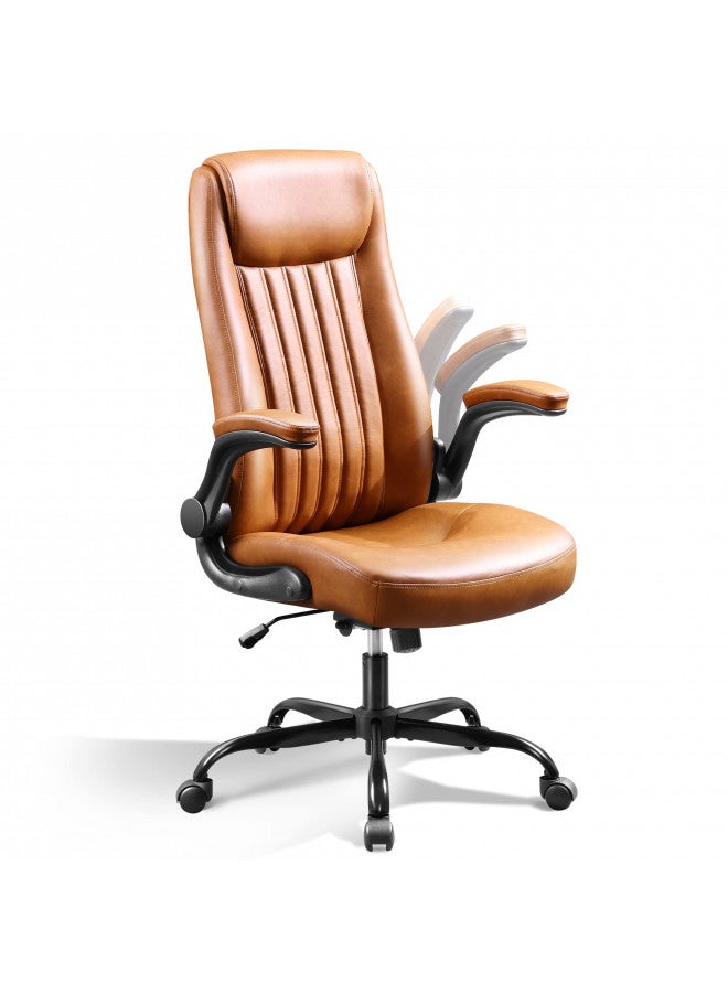 DEVAISE Computer Office Chair, High Back Ergonomic Desk Chair with Adjustable Flip-up Armrests, Lumbar Support and Thick Headrest, Executive Suede Fabric Swivel Task Chair, Brown - Image 1