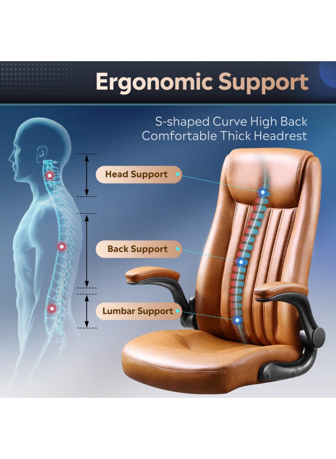 DEVAISE Computer Office Chair, High Back Ergonomic Desk Chair with Adjustable Flip-up Armrests, Lumbar Support and Thick Headrest, Executive Suede Fabric Swivel Task Chair, Brown - Image 3