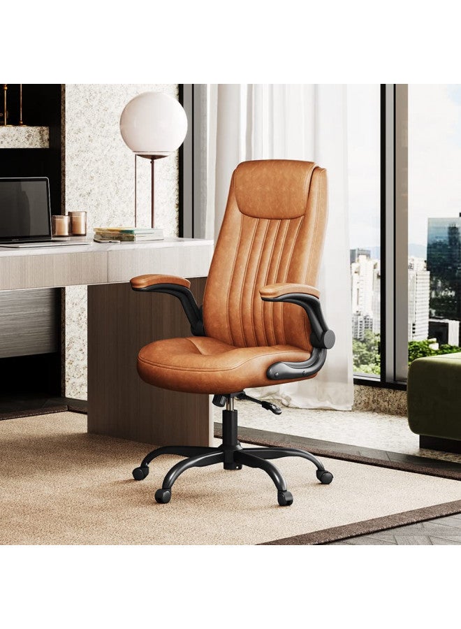 DEVAISE Computer Office Chair, High Back Ergonomic Desk Chair with Adjustable Flip-up Armrests, Lumbar Support and Thick Headrest, Executive Suede Fabric Swivel Task Chair, Brown - Image 2