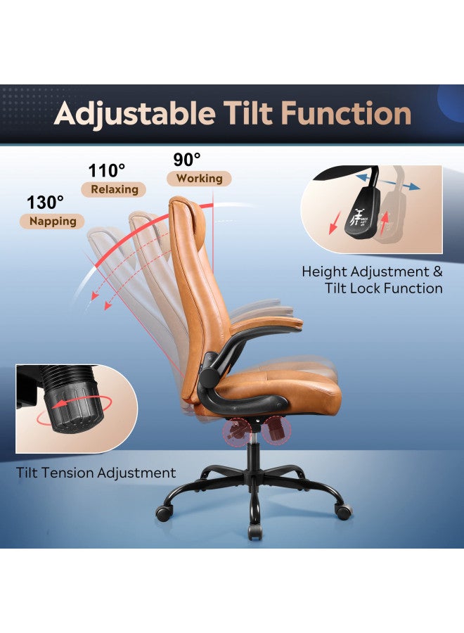 DEVAISE Computer Office Chair, High Back Ergonomic Desk Chair with Adjustable Flip-up Armrests, Lumbar Support and Thick Headrest, Executive Suede Fabric Swivel Task Chair, Brown - Image 4