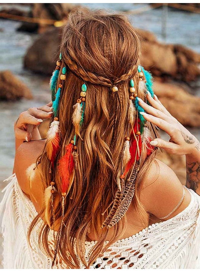 GORTIN Ortin Boho Feather Headband Hippie Headpiece White Gypsy Costume Headband Indian Hair Band Festival Headdress Bohemian Feather Hair Accessory For Women And Girls (Ablue+Red) - Image 4