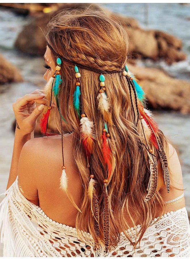 GORTIN Ortin Boho Feather Headband Hippie Headpiece White Gypsy Costume Headband Indian Hair Band Festival Headdress Bohemian Feather Hair Accessory For Women And Girls (Ablue+Red) - Image 2