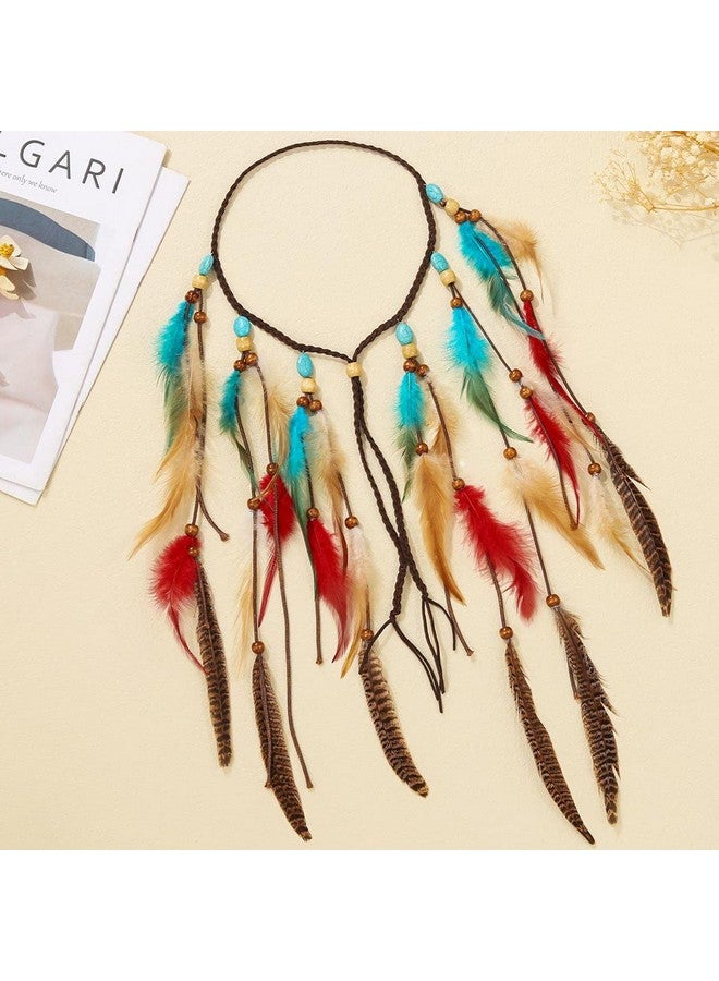 GORTIN Ortin Boho Feather Headband Hippie Headpiece White Gypsy Costume Headband Indian Hair Band Festival Headdress Bohemian Feather Hair Accessory For Women And Girls (Ablue+Red) - Image 3