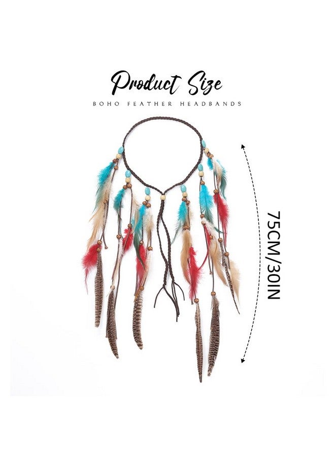 GORTIN Ortin Boho Feather Headband Hippie Headpiece White Gypsy Costume Headband Indian Hair Band Festival Headdress Bohemian Feather Hair Accessory For Women And Girls (Ablue+Red) - Image 5