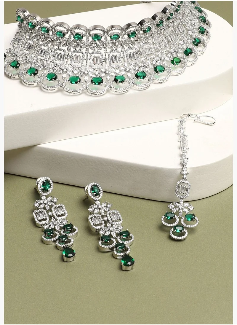 SOHI Silver Plated American Diamond and Designer Stone Party Necklace, Earring and Maang Tikka Set For Women