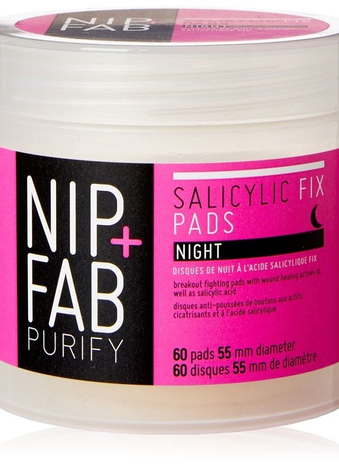 NIP+FAB Nip + Fab Salicyclic Fix Night Pads for Face with Hyaluronic Acid, Exfoliating Facial Pad BHA Exfoliant for Skin Hydration Acne Breakouts and Blemishes, 60 Pads, 2.7 Ounce  - Image 1