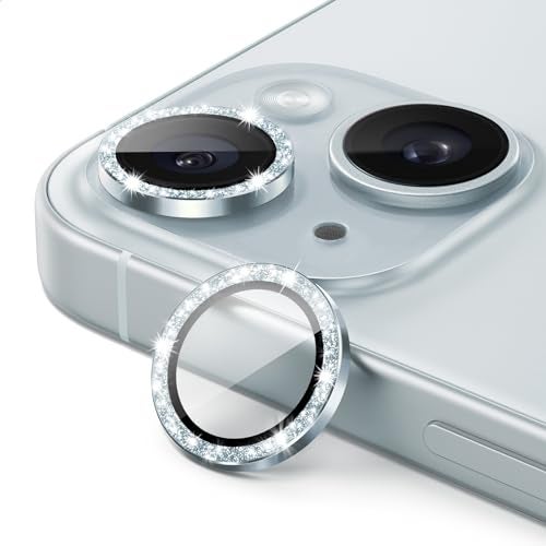 JETech Camera Lens Protector for iPhone 15 6.1-Inch and iPhone 15 Plus 6.7-Inch, Bling Glitter Individual 9H Tempered Glass Metal Ring Cover, HD Clear, 1 Set (Blue) - Image 1