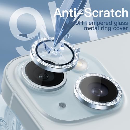 JETech Camera Lens Protector for iPhone 15 6.1-Inch and iPhone 15 Plus 6.7-Inch, Bling Glitter Individual 9H Tempered Glass Metal Ring Cover, HD Clear, 1 Set (Blue) - Image 5