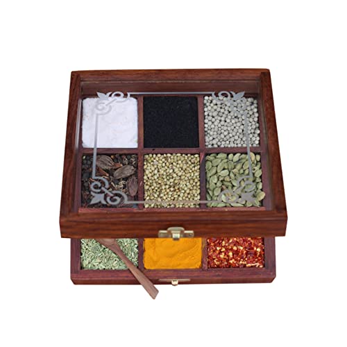 CRAFTCASTLE Sheesham Wooden Kitchen Spice Box Multipurpose Uses Dry Fruits Storage for Dining Table with Spoon (20.5 X 20.5 X 6 cm), Brown - Image 2