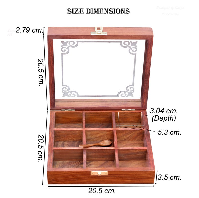 CRAFTCASTLE Sheesham Wooden Kitchen Spice Box Multipurpose Uses Dry Fruits Storage for Dining Table with Spoon (20.5 X 20.5 X 6 cm), Brown - Image 3