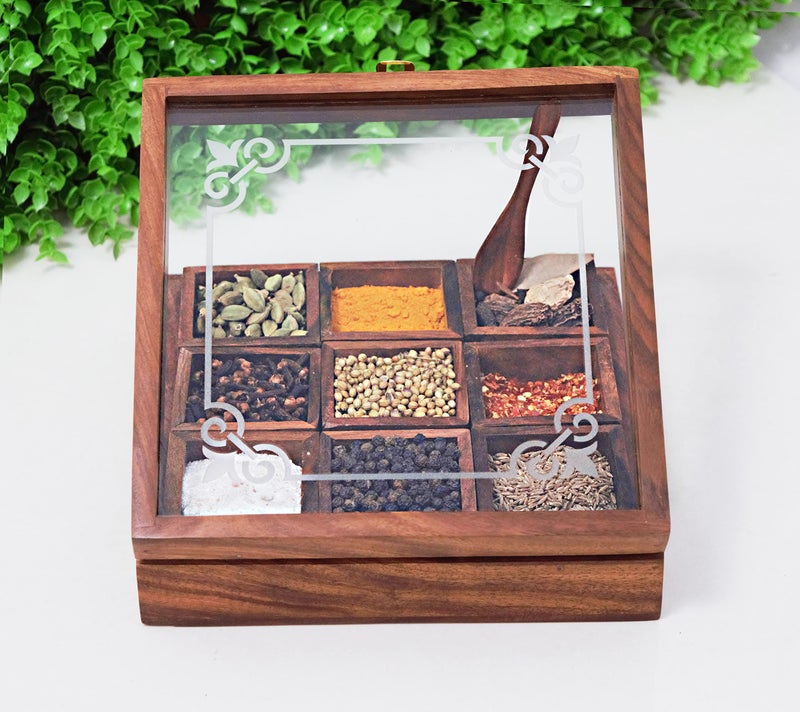 CRAFTCASTLE Sheesham Wooden Kitchen Spice Box Multipurpose Uses Dry Fruits Storage for Dining Table with Spoon (20.5 X 20.5 X 6 cm), Brown - Image 4