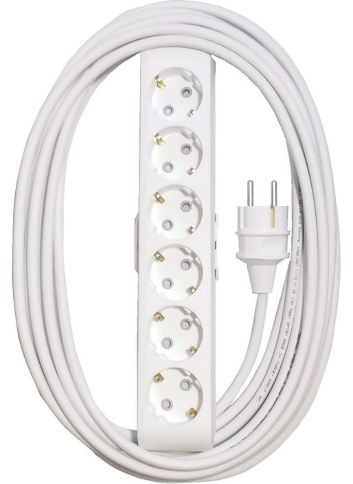 Economic White Group of 6 Socket Grounded Child Protected 10 Meter Cable (Flat Plug)