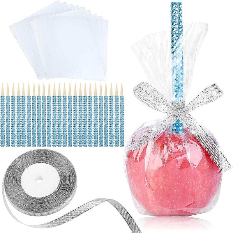 MGWOTH 24 Pack Bling Candy Apple Sticks and Bags Kits, Caramel Apple Wooden Skewers,Food Bamboo Decorative Sticks for Rice Krispie Treats Cookie Cake Pops Corn Dogs with Glass Wrapper Glitter Ribbons Tie - Image 1