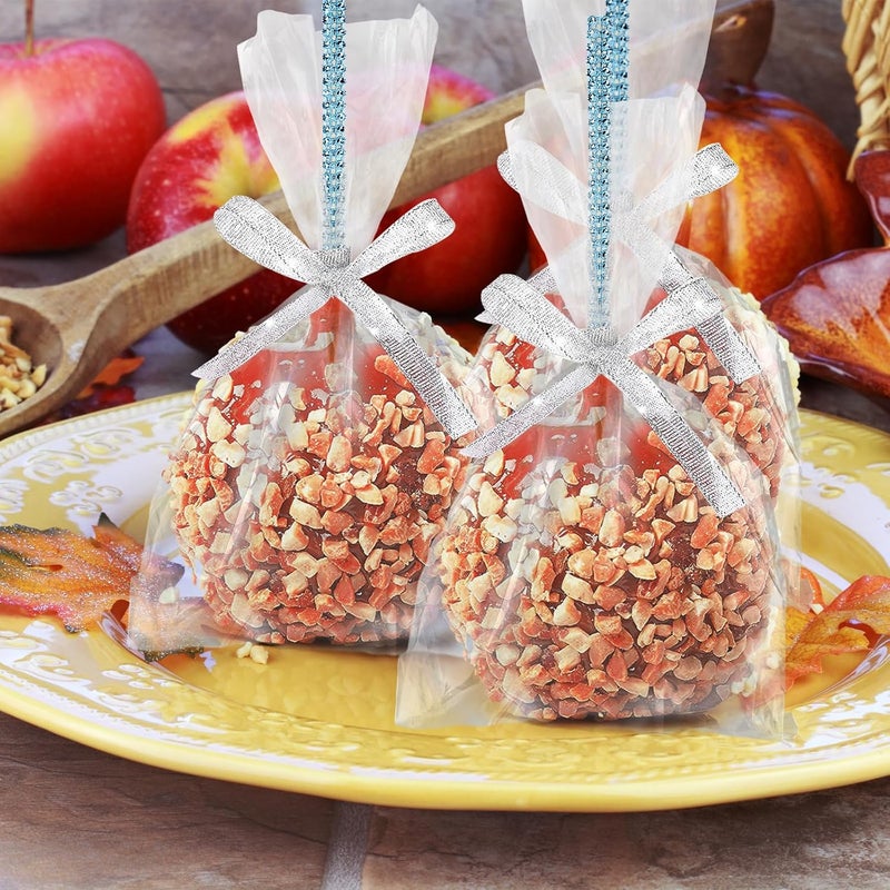 MGWOTH 24 Pack Bling Candy Apple Sticks and Bags Kits, Caramel Apple Wooden Skewers,Food Bamboo Decorative Sticks for Rice Krispie Treats Cookie Cake Pops Corn Dogs with Glass Wrapper Glitter Ribbons Tie - Image 2