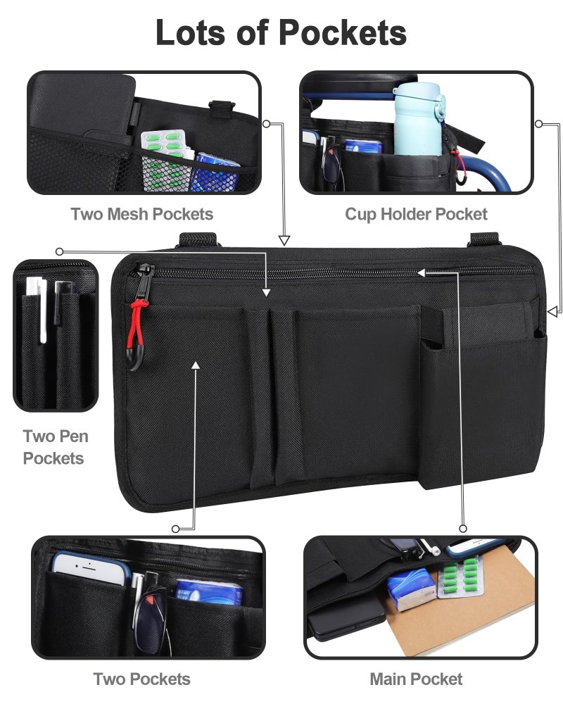 LIGHTMEUP Wheelchair Side Bag with Cup Holder - Wheelchair Armrest Pouch Accessories for Adults, Storage Bags to Hang on Side Oversized Zipper Pull for Electric Wheelchair Walker Rollator Scooter - Image 2