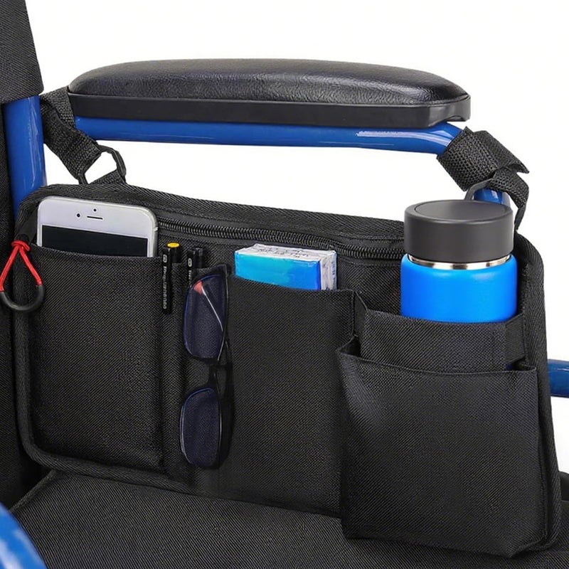 LIGHTMEUP Wheelchair Side Bag with Cup Holder - Wheelchair Armrest Pouch Accessories for Adults, Storage Bags to Hang on Side Oversized Zipper Pull for Electric Wheelchair Walker Rollator Scooter - Image 1