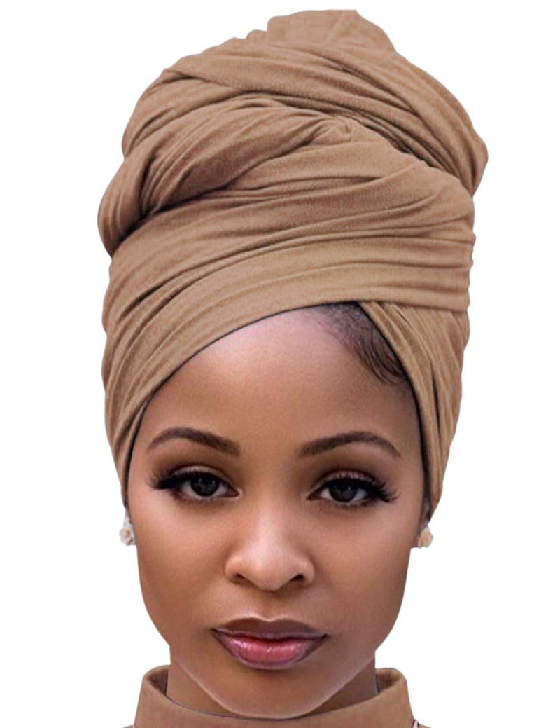 Harewom Head Scarves Wrap Turban for Black Women Long Lightweight Fashion Solid Color Hijab Jersey Headband for Braids Camel - Image 1