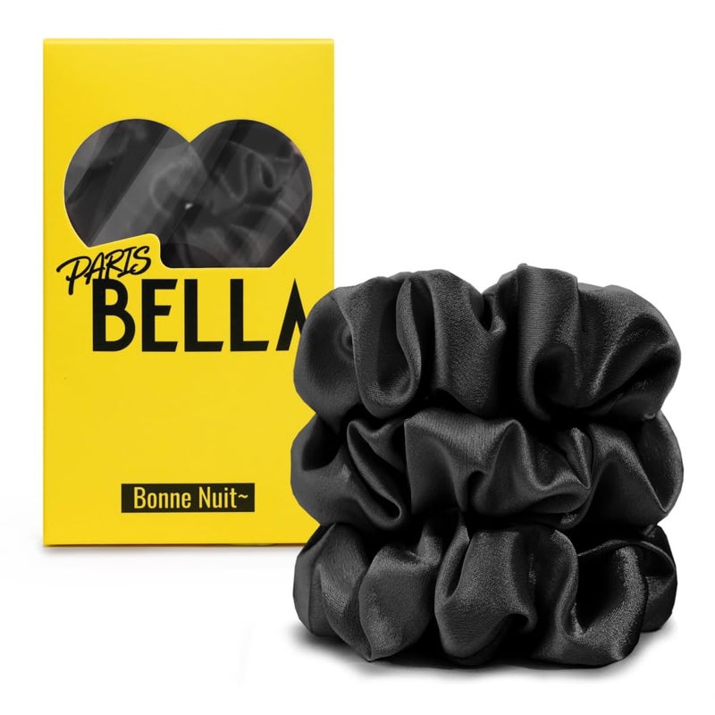 PARISBELLA NO DAMAGE Silk Scrunchies For Hair Sleep Satin Hair Ties for Women and Girls Classic Black Pack of 3