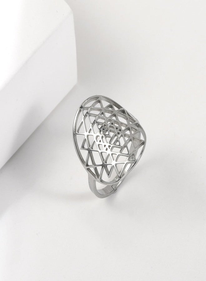 EUEAVAN Adjustable Sri Yantra Chakra Ring - Sri Yantra Amulet Talisman Pendant - Sacred Geometry Ring - Hinduism Symbol - Meditation Jewelry for Women Men (Silver) - Image 2