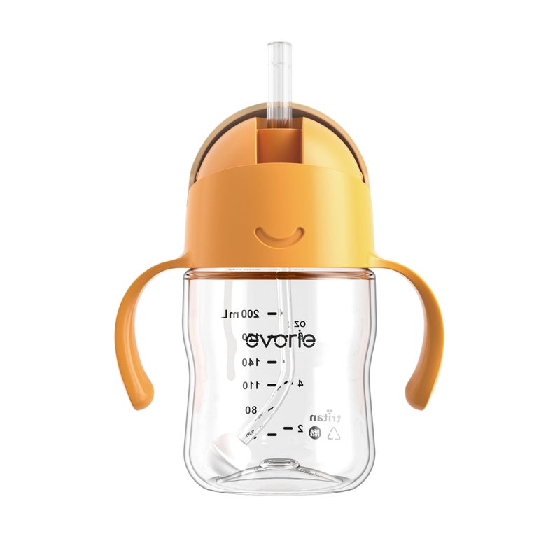 Evorie Tritan Weighted Straw Sippy Cup with Handles for Baby and Toddlers 6 months up 7 Oz Soft Silicone Straw Infant First Training Water Bottle Apricot