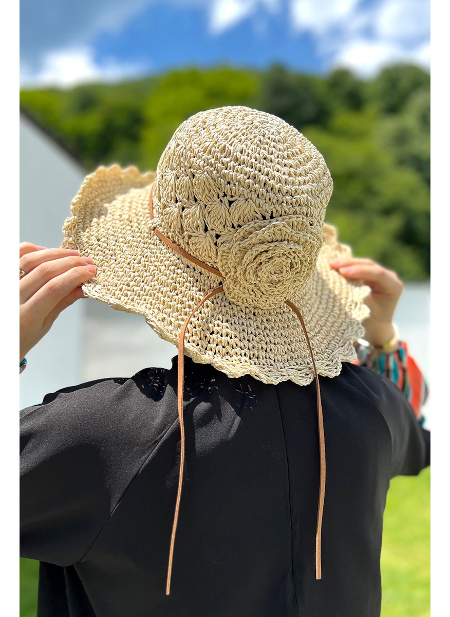Remsa Mayo Flower Detailed Hand Knitted Straw Hat Rş-84 Beige  - Image 1