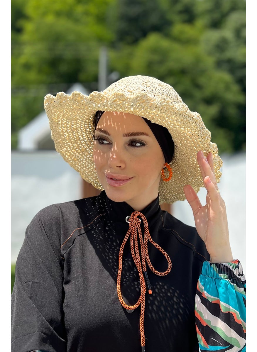 Remsa Mayo Flower Detailed Hand Knitted Straw Hat Rş-84 Beige  - Image 3