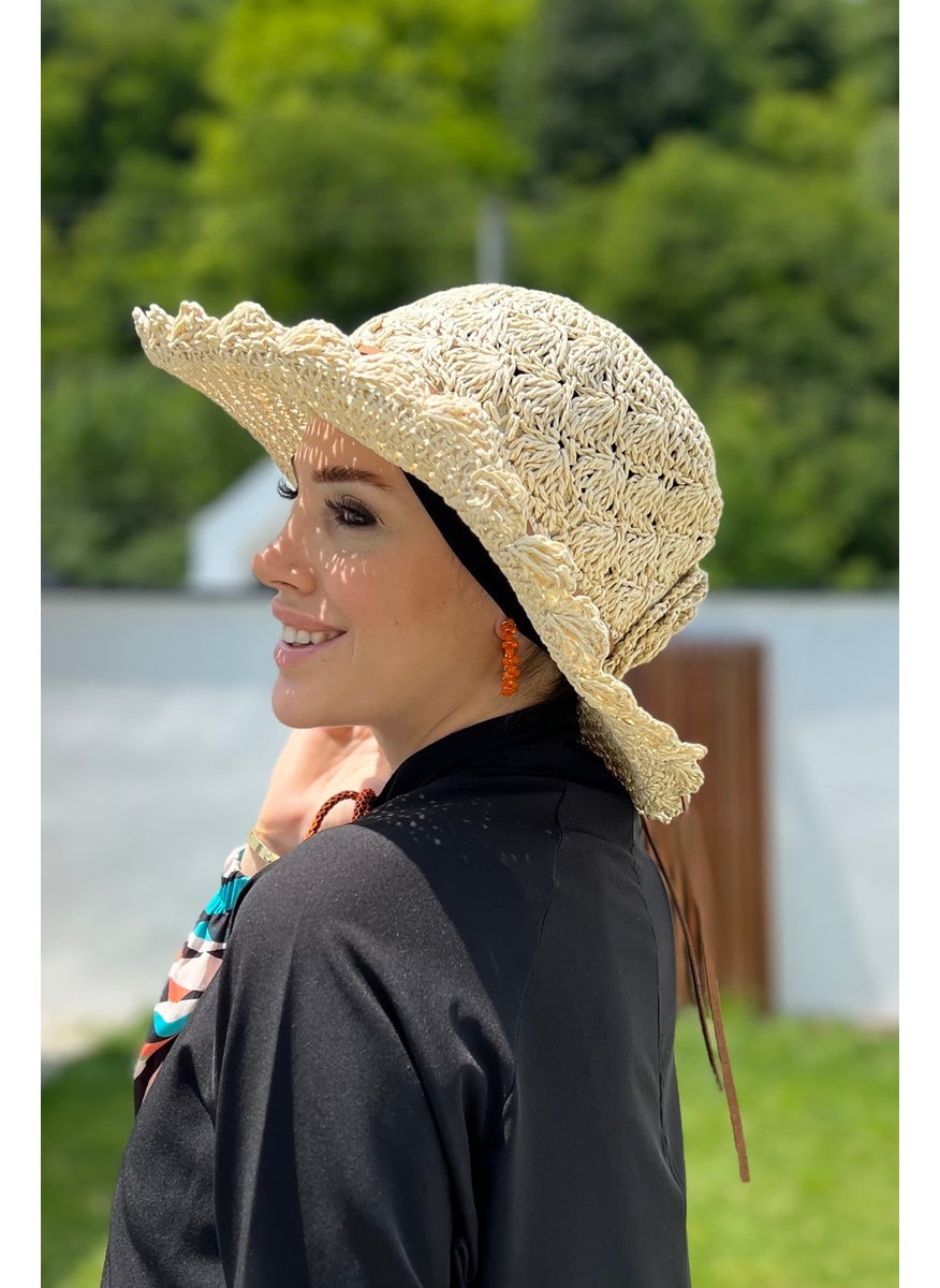 Remsa Mayo Flower Detailed Hand Knitted Straw Hat Rş-84 Beige  - Image 2
