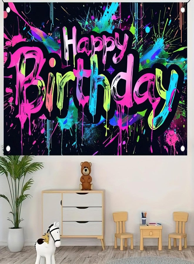 HOMETITUTE Neon Happy Birthday Banner - 71x43 Photography Backdrops, Party Background Decorations, Colorful Graffiti Splash Paint Kids Birthday Supplies, Glow in The Dark - Image 3