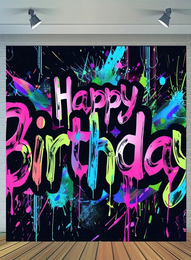 HOMETITUTE Neon Happy Birthday Banner - 71x43 Photography Backdrops, Party Background Decorations, Colorful Graffiti Splash Paint Kids Birthday Supplies, Glow in The Dark - Image 1