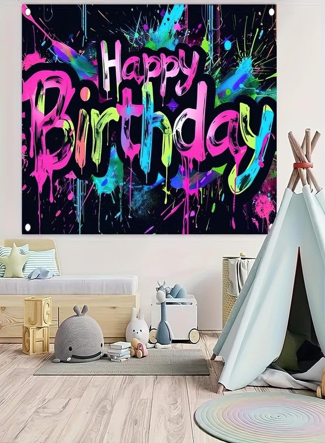 HOMETITUTE Neon Happy Birthday Banner - 71x43 Photography Backdrops, Party Background Decorations, Colorful Graffiti Splash Paint Kids Birthday Supplies, Glow in The Dark - Image 4