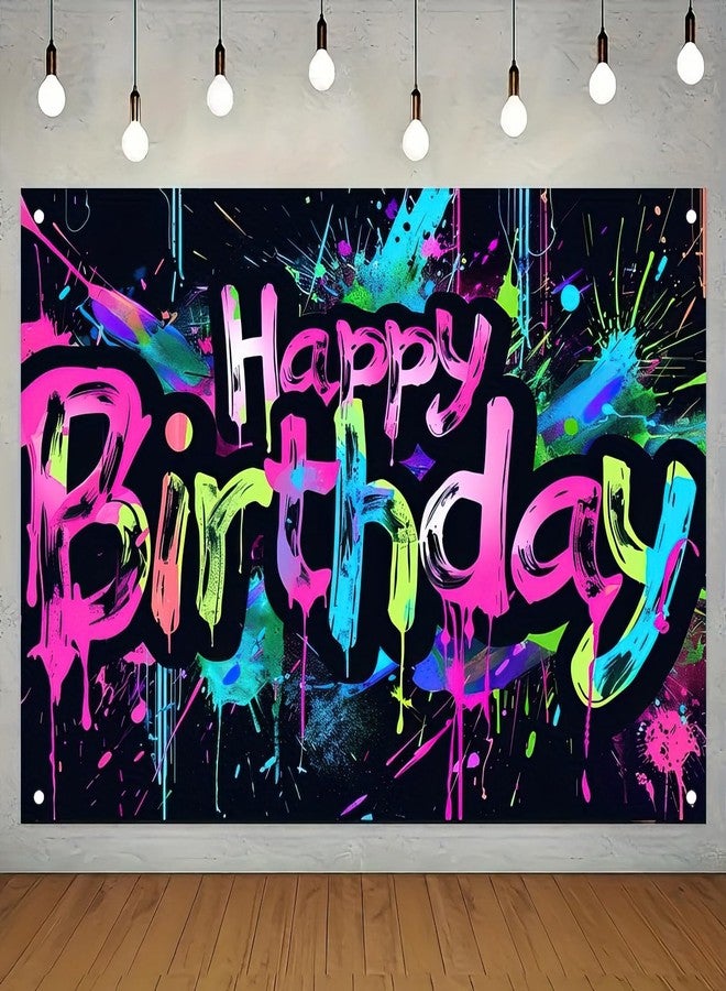 HOMETITUTE Neon Happy Birthday Banner - 71x43 Photography Backdrops, Party Background Decorations, Colorful Graffiti Splash Paint Kids Birthday Supplies, Glow in The Dark - Image 2