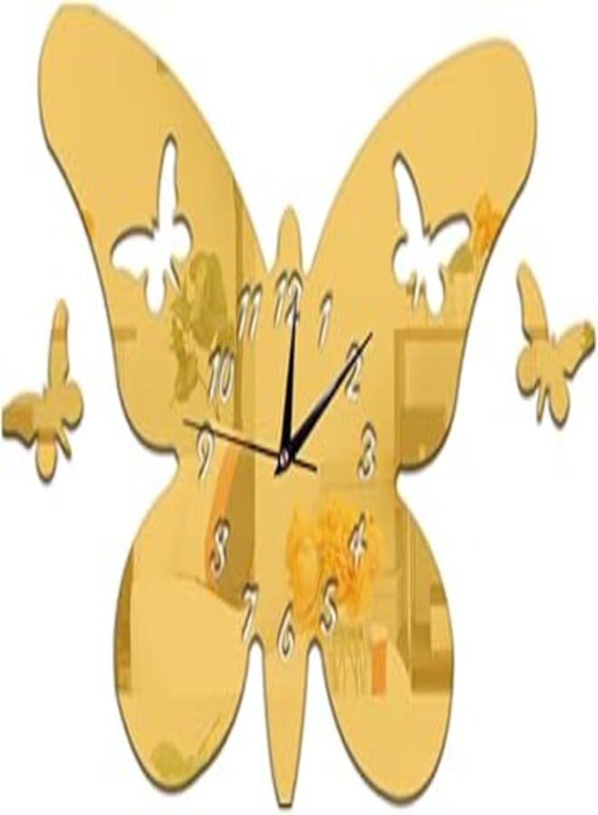 OR Peculiar Butterfly Shape Frame Creative Wall Clock Removable Mirror Stickers Watch Home living Room Bedroom Decor(Gold)