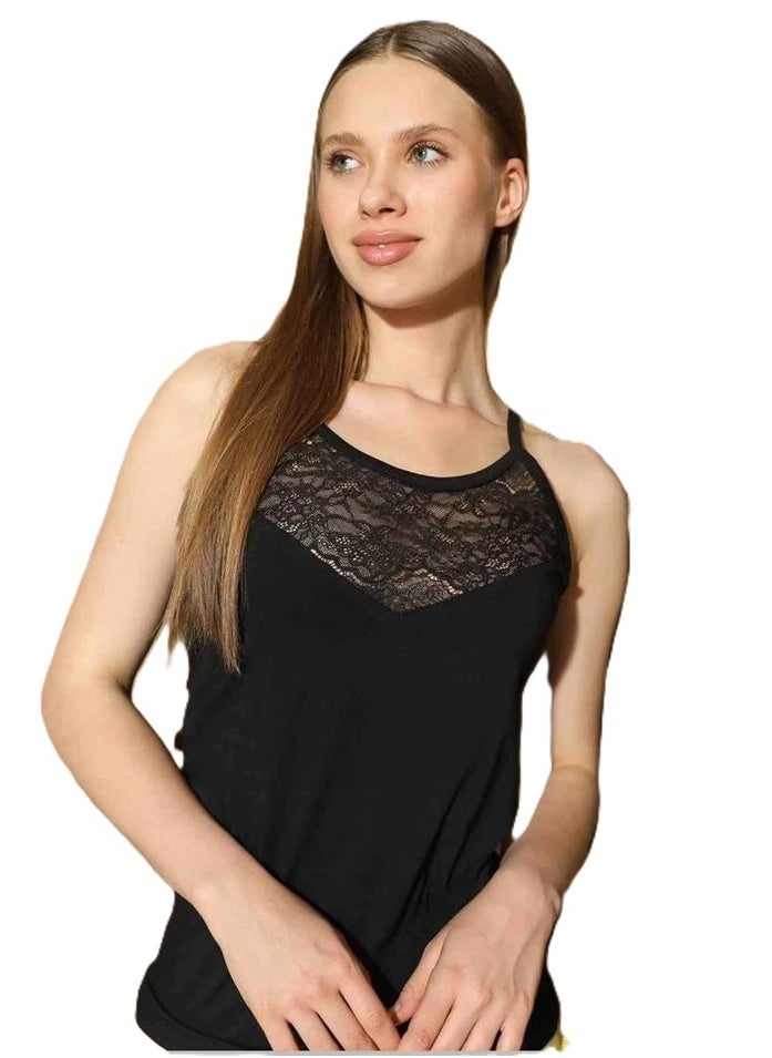 Generic Undershirt cotton wide strap front lace top - Black 