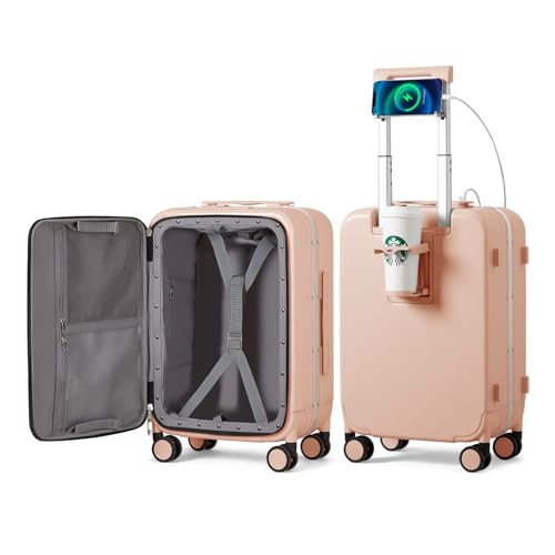 mixi Carry On Luggage with Cup Phone Holder and Charger Hard Shell Suitcases with Spinner Wheels,20 Inch Light Pink - Image 1